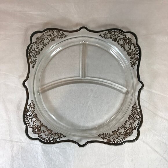 Vintage Silver Overlay Square Glass 3-Section Divided 10" Dish - Picture 3 of 9